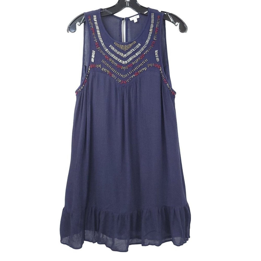 EnCreme Mini Dress Tunic Top Beaded Lined Size L Blue Sleeveless Casual Pullover
